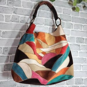 VINTAGE Lucky Brand Patchwork Suede Leather Hobo Bag Sunrise Sunset 🌇